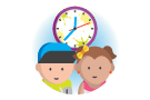An illustration of a boy and a girl and a clock behind them