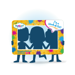 An illustration of Crayola Imagine arts Academy's selfie frame with 3 silhouettes of children in the frame